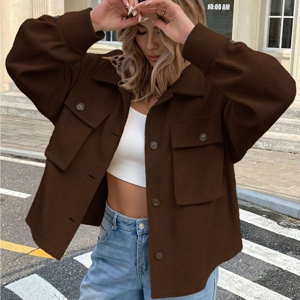 Corduroy shacket jacket oversized chocolate dark brown - Picture 1 of 4
